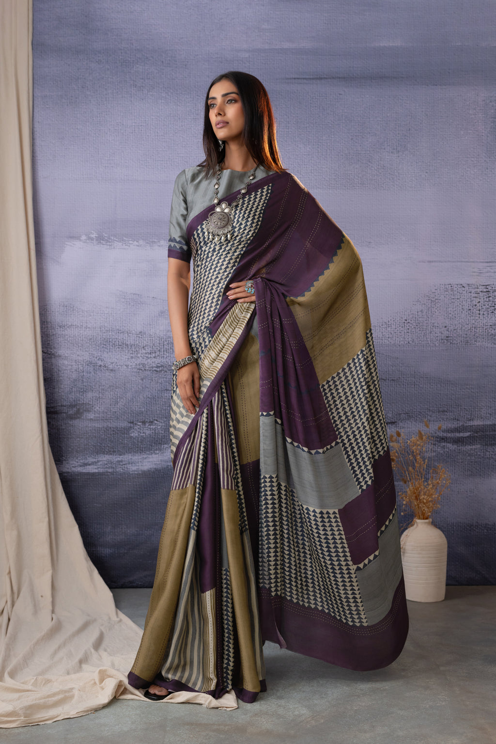 Coral Geometric Designs Saree