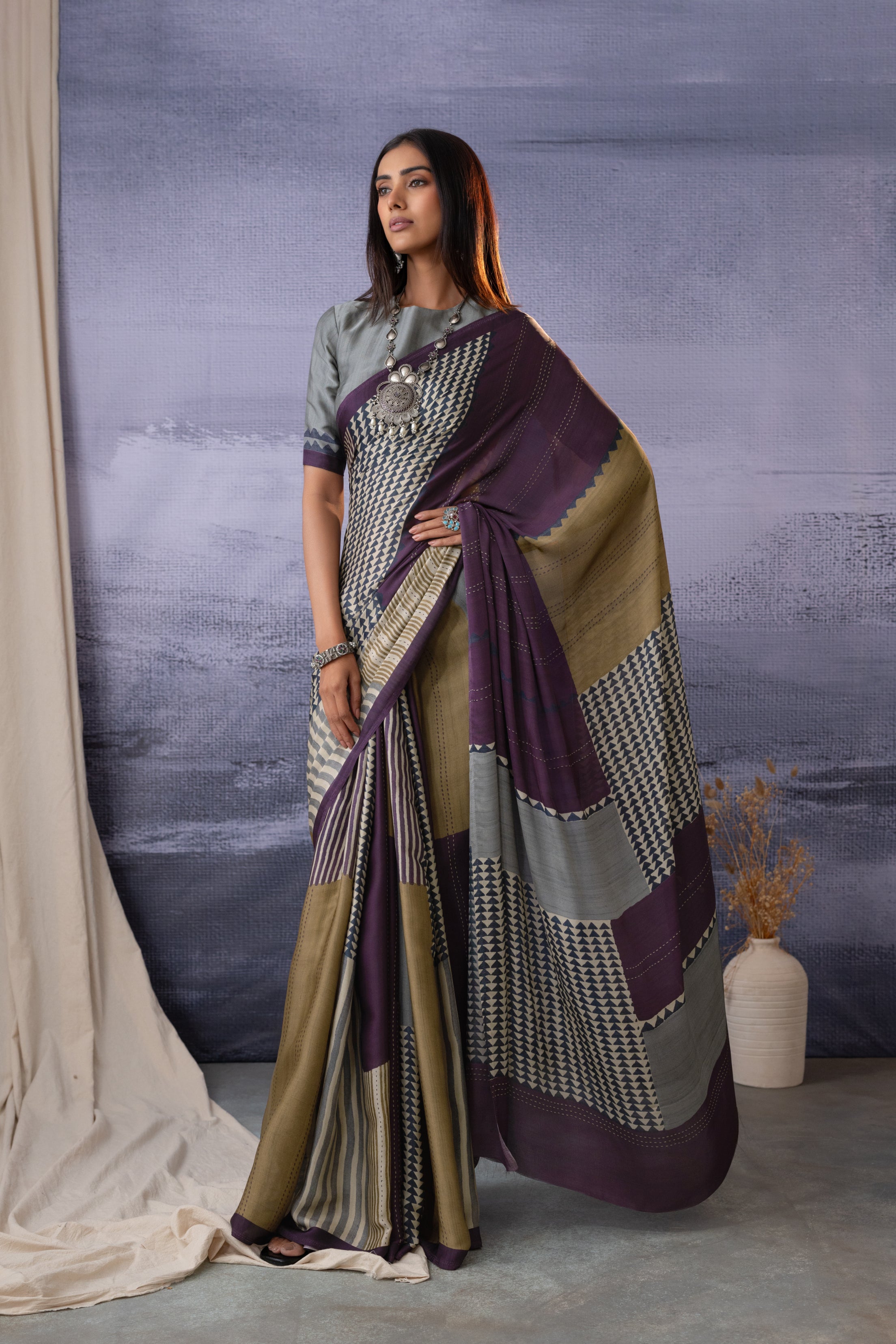 Coral Geometric Designs Saree