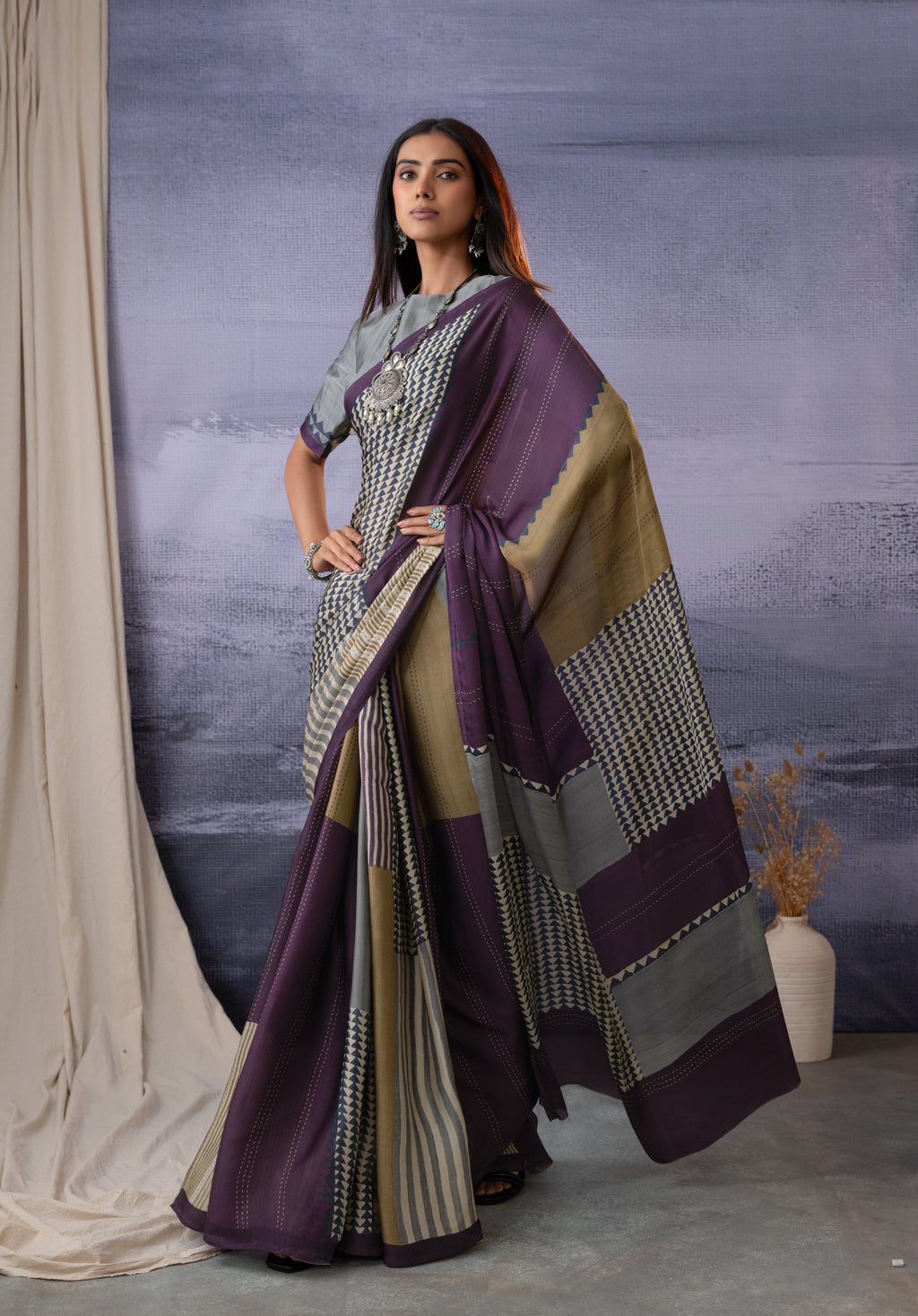 Coral Geometric Designs Saree