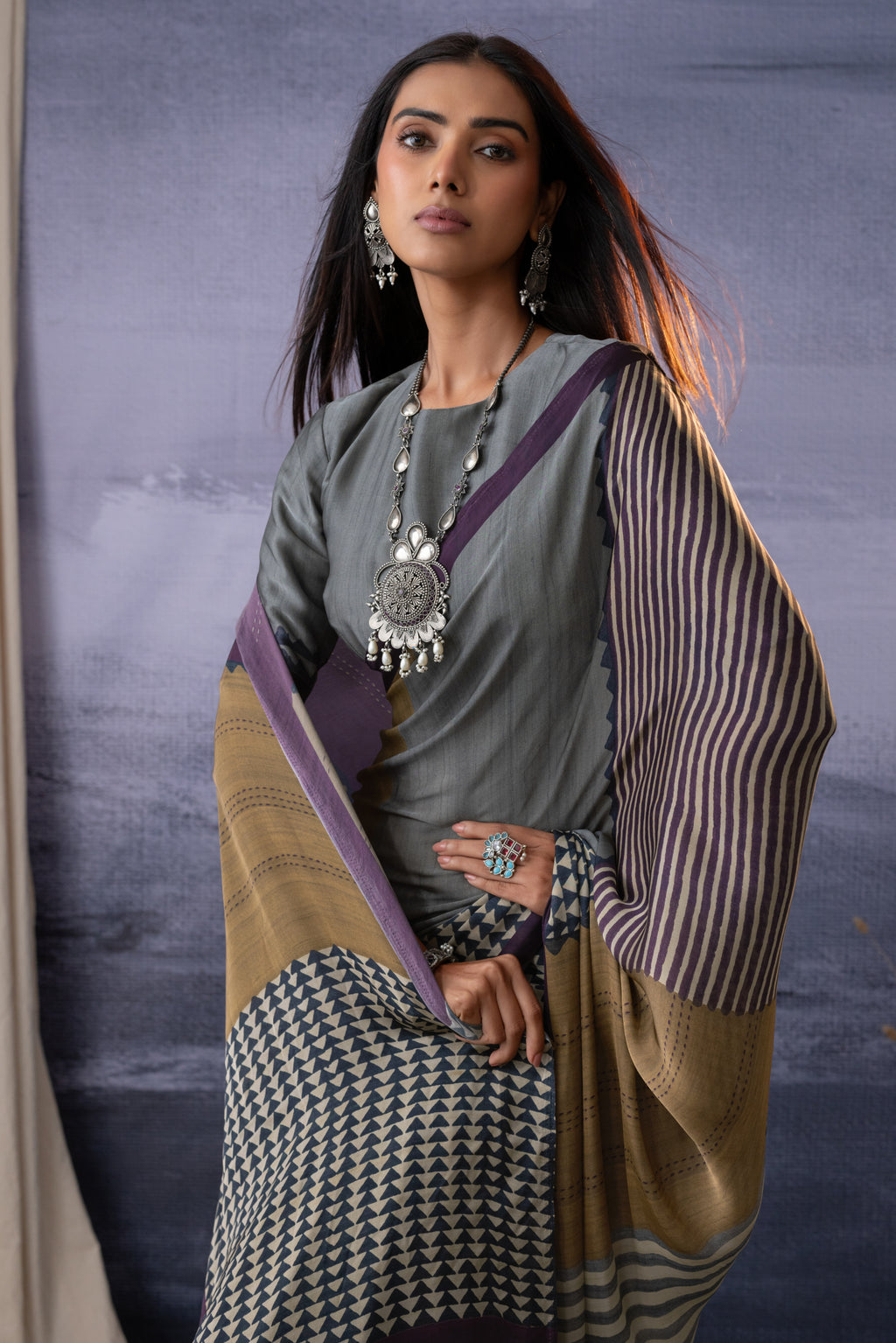 Coral Geometric Designs Saree