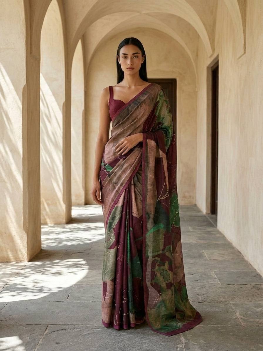 Maroon Color Abstract Digital Print Saree On Modal Satin
