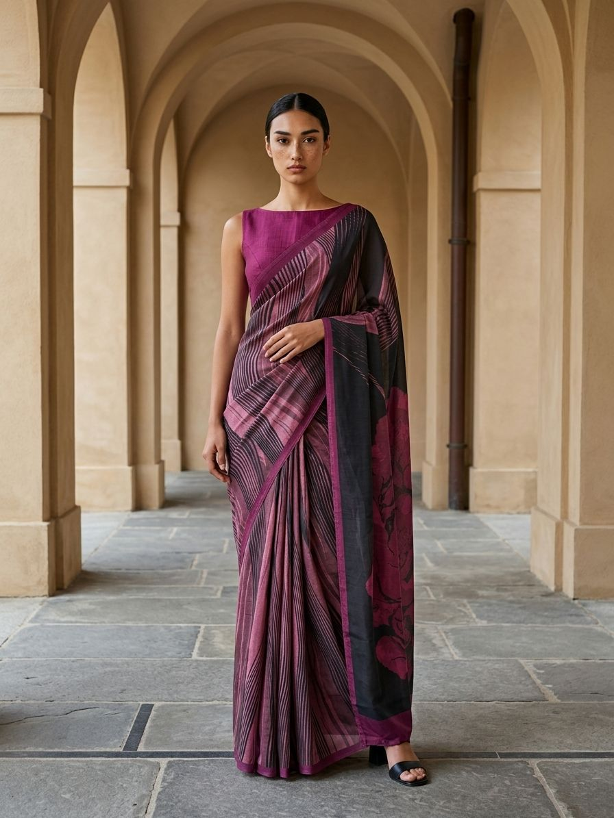 Maroon Color Leher Veil Saree In Geometric Design On Modal Satin  Fabric
