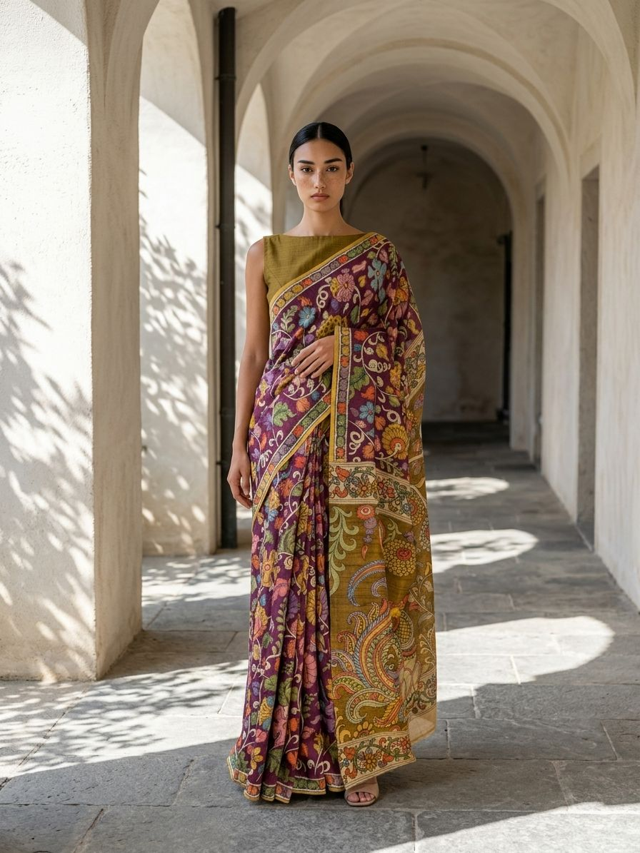 Maroon Lotus Kalamkari On Banarasi ArtSilk Fabric