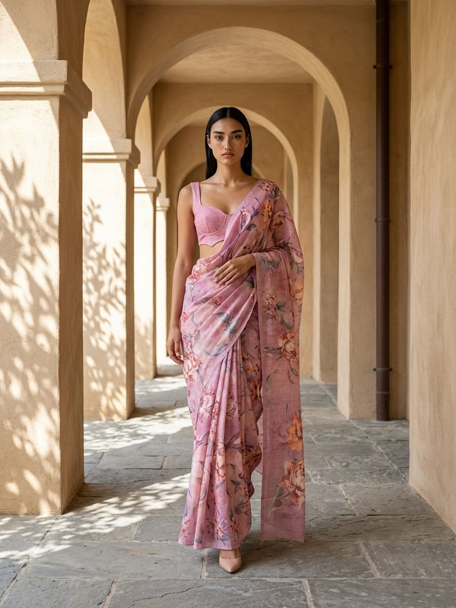 Gul Saree - Unique FLoral Design Digital Print On Tusser Silk