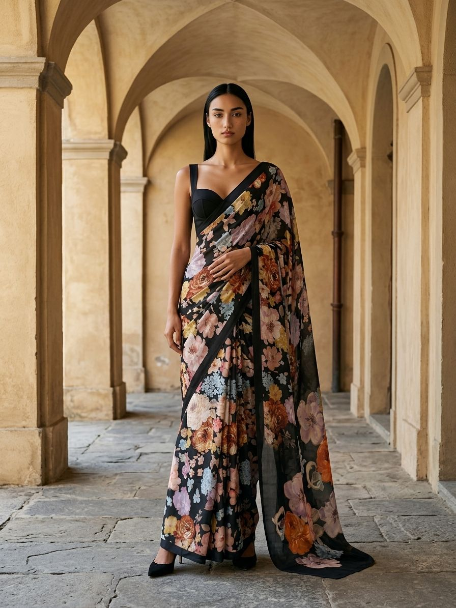 MIdnight Black Floral Design Saree on Mulberry Silk Fabric