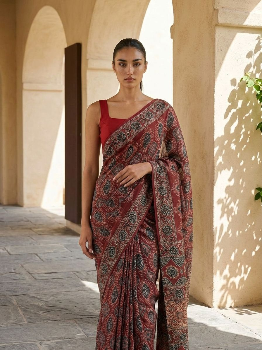 Red Rich Ajrakh Saree On Modal Satin Fabric