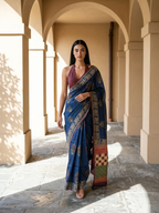 Ajarak Block With Bagru Print  On Tusser Silk Saree