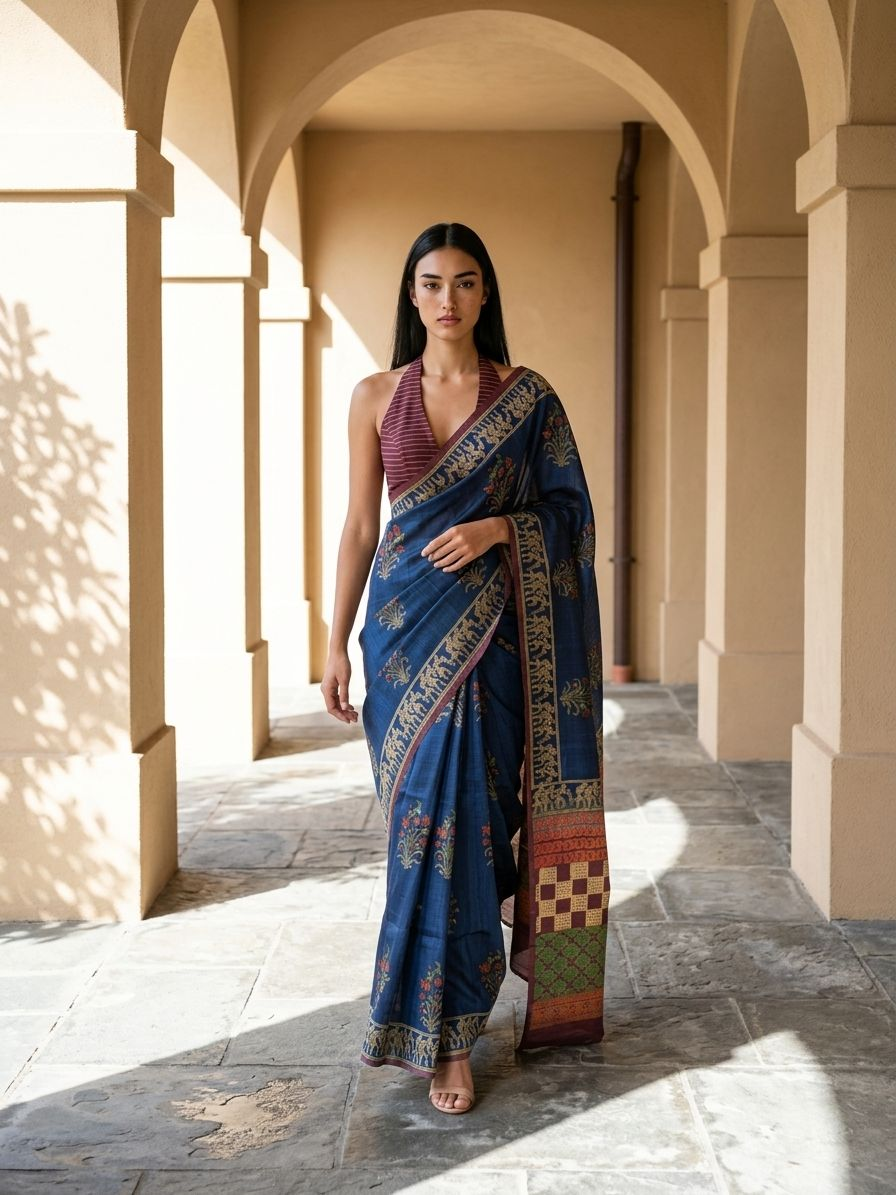 Ajarak Block With Bagru Print  On Tusser Silk Saree