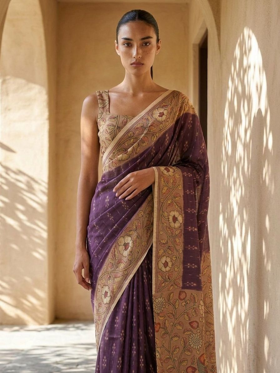 Purple Ikkat With Kalamkari Print On Raw Art Silk Fabric