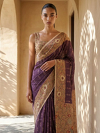 Purple Ikkat With Kalamkari Print On Raw Art Silk Fabric