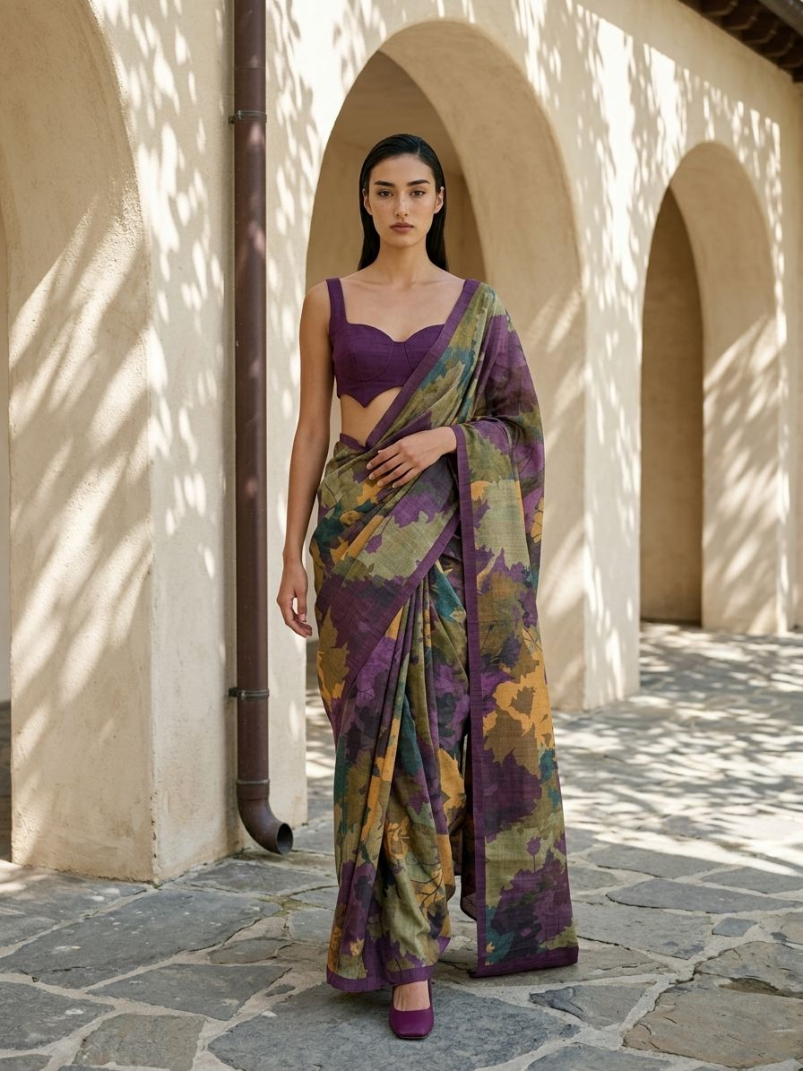 Maroon Color Geomteric Leaf Design On Raw Artsilk Fabric