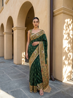 Deep Forest Green Ikkat With Kalamkari Print On Raw ArtSilk Fabric