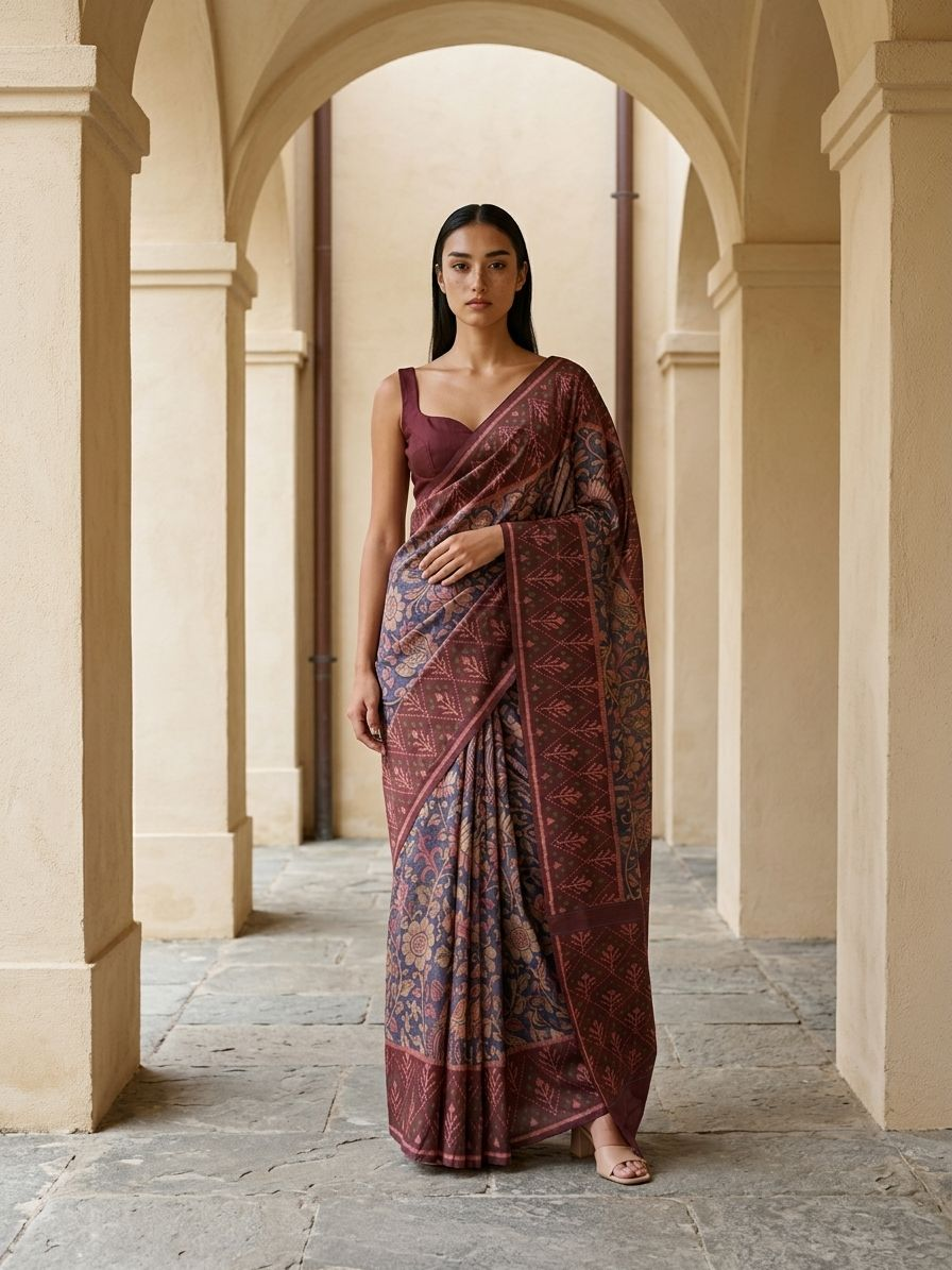 Indigo Blue Kalamkari print with Patola Border On Raw Artsilk Fabric