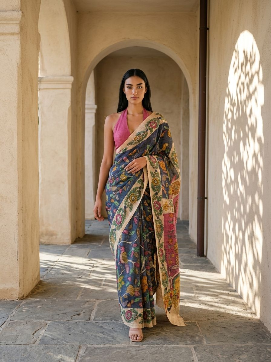 Deep Blue Color Kalamkari Print on Banarasi ArtSilk Saree