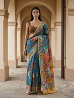 Blue Kalamkari Saree on Banarasi ArtSilk Fabric