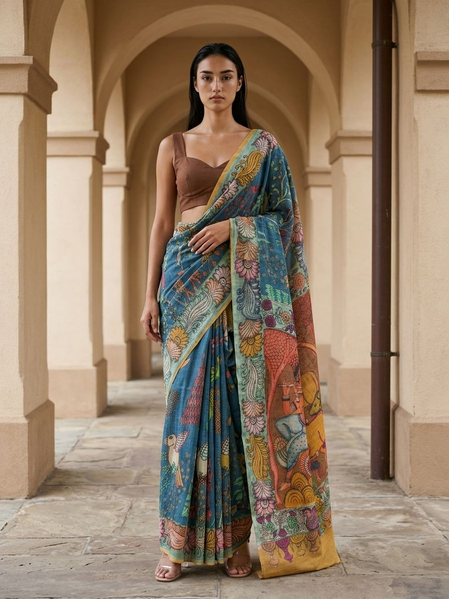 Blue Kalamkari Saree on Banarasi ArtSilk Fabric