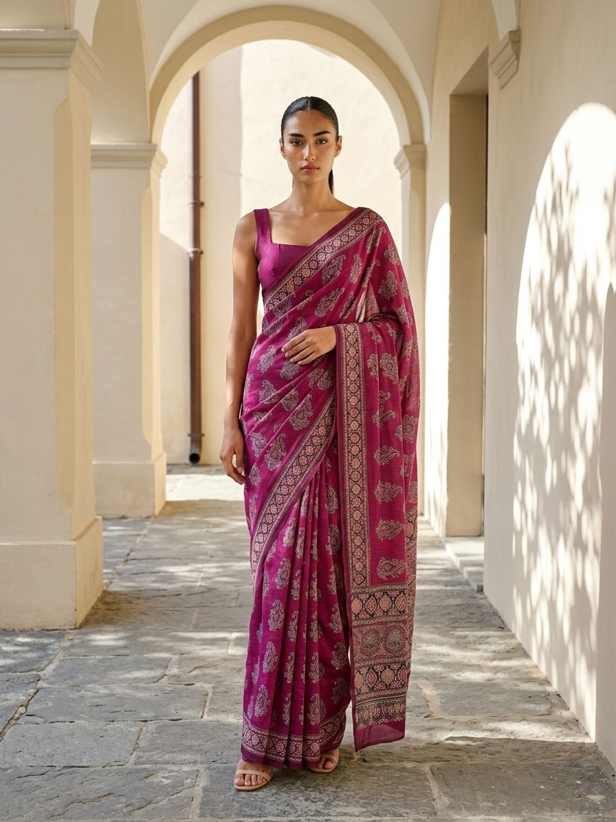 Pink Moonlight Ajrakh On Modal Satin Fabric