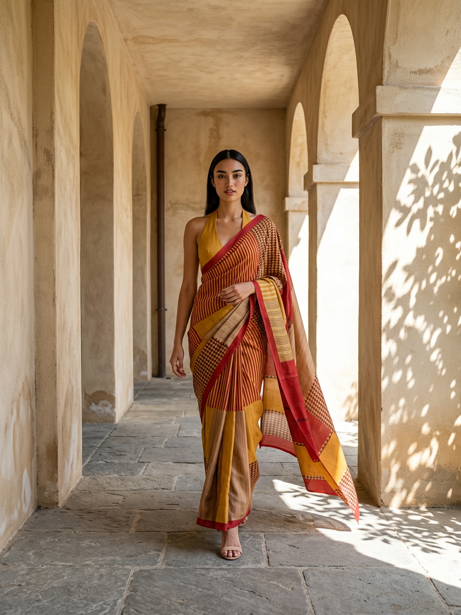 Red With Yellow Color Coral Geometric Pattern on Modal Satin Fabric