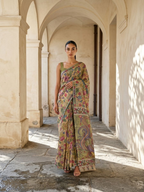 Mustard Yellow Lotus Kalamkari On Banarasi ArtSilk Fabric