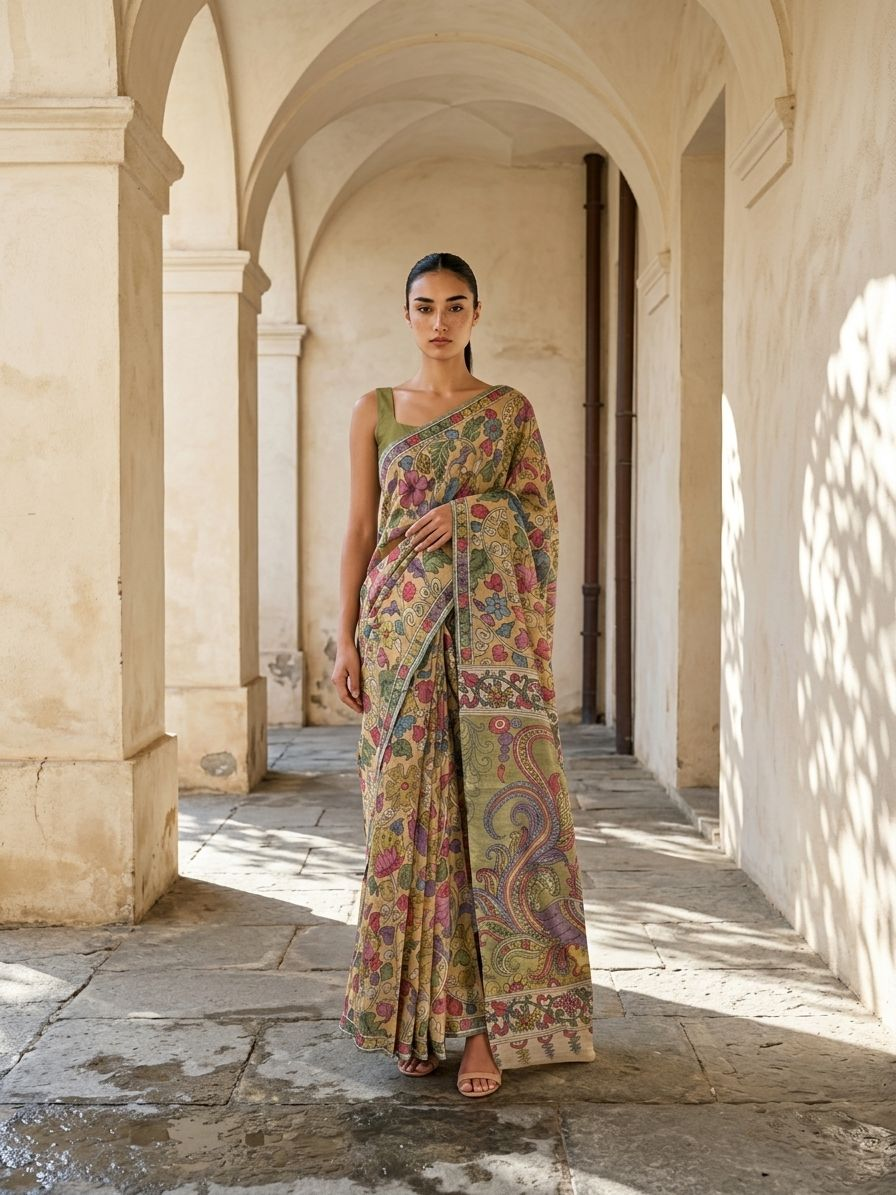 Mustard Yellow Lotus Kalamkari On Banarasi ArtSilk Fabric