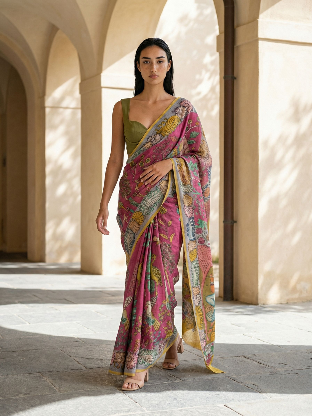 Red Kalamkari Saree on Banarasi Artsilk Fabric