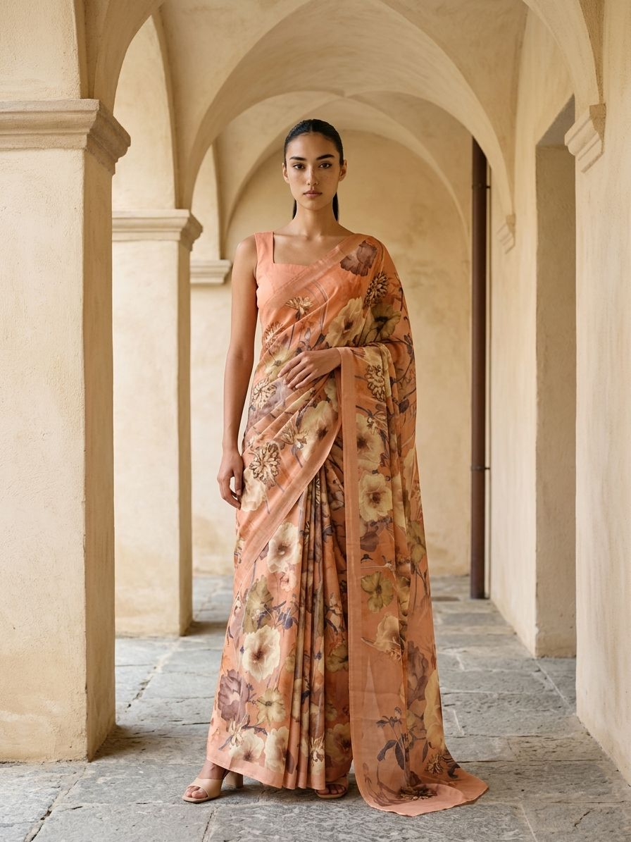 FLORAL DESIGN SAREE - Ivory Cream