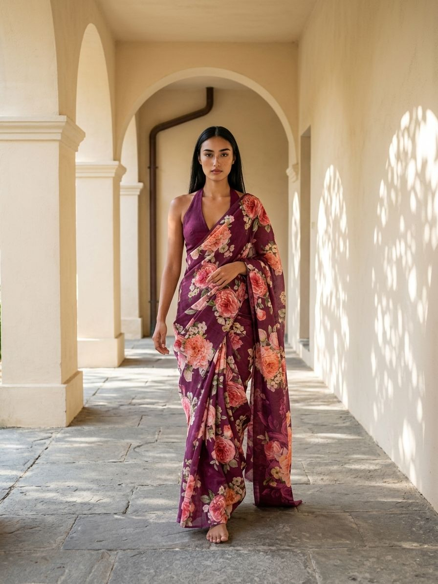 Maroon Color  Flora Tusser silk Saree