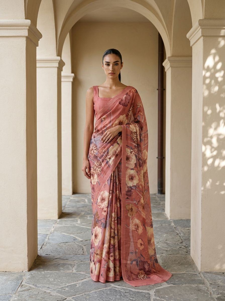 FLORAL DESIGN SAREE - Soft Blush Pink