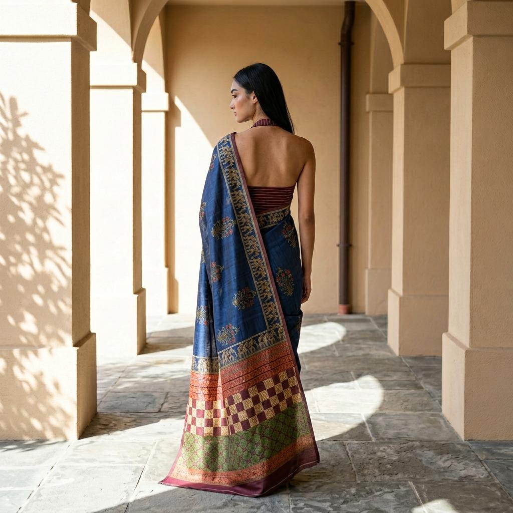 Ajarak Block With Bagru Print  On Tusser Silk Saree