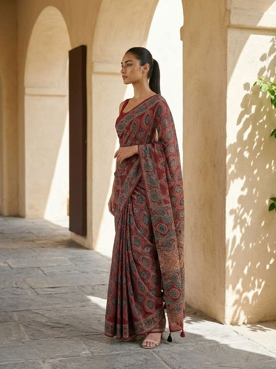 Red Rich Ajrakh Saree On Modal Satin Fabric