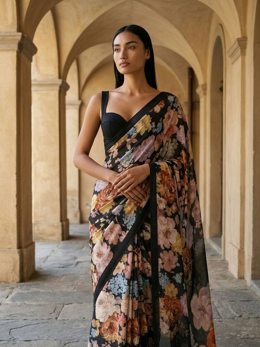 MIdnight Black Floral Design Saree on Mulberry Silk Fabric