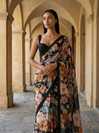 MIdnight Black Floral Design Saree on Mulberry Silk Fabric