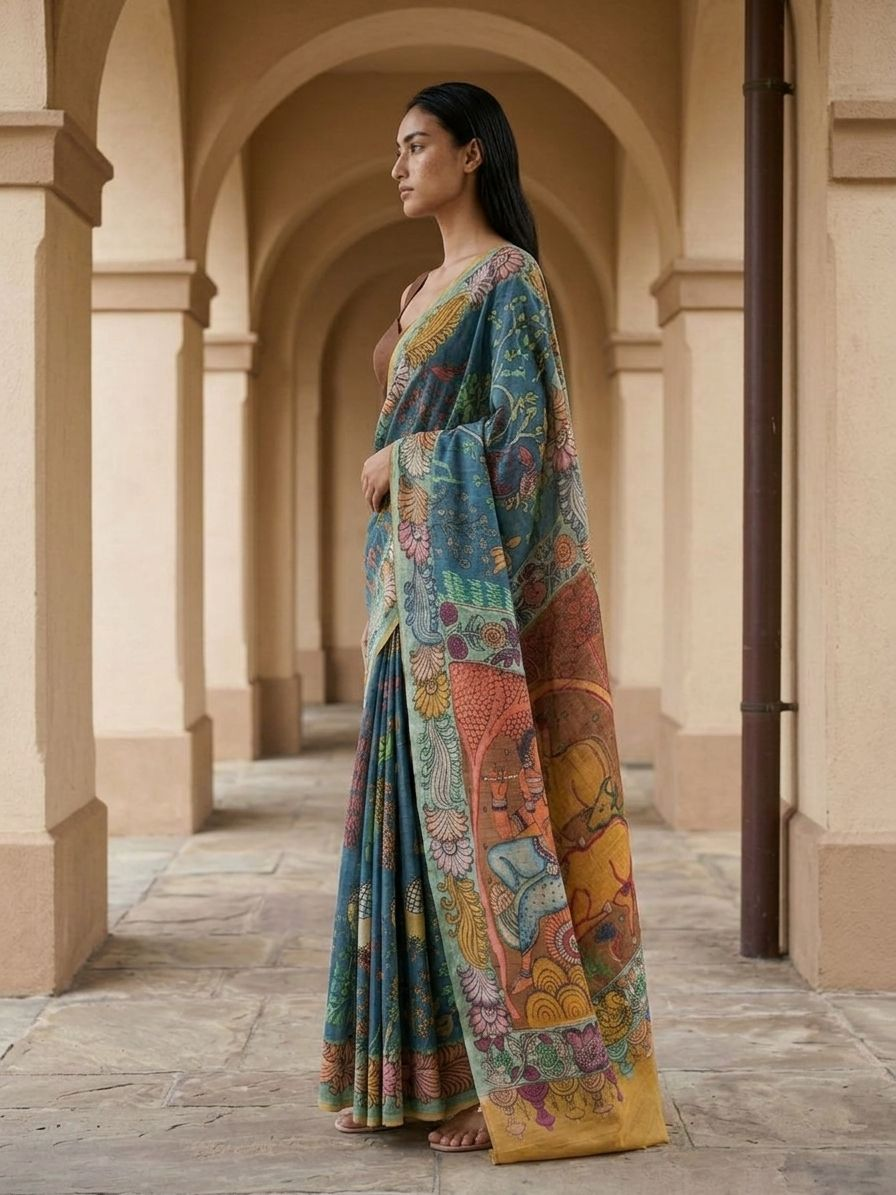 Blue Kalamkari Saree on Banarasi ArtSilk Fabric