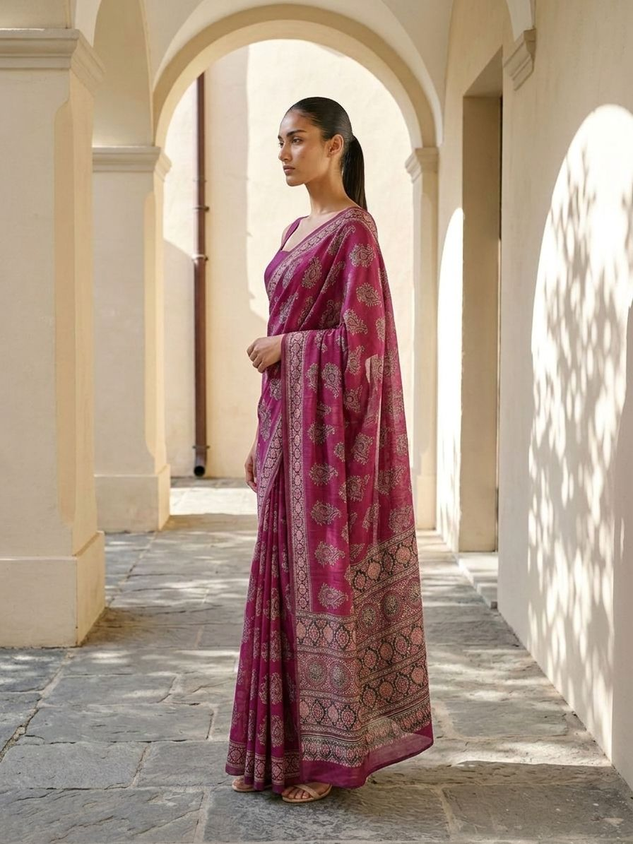 Pink Moonlight Ajrakh On Modal Satin Fabric