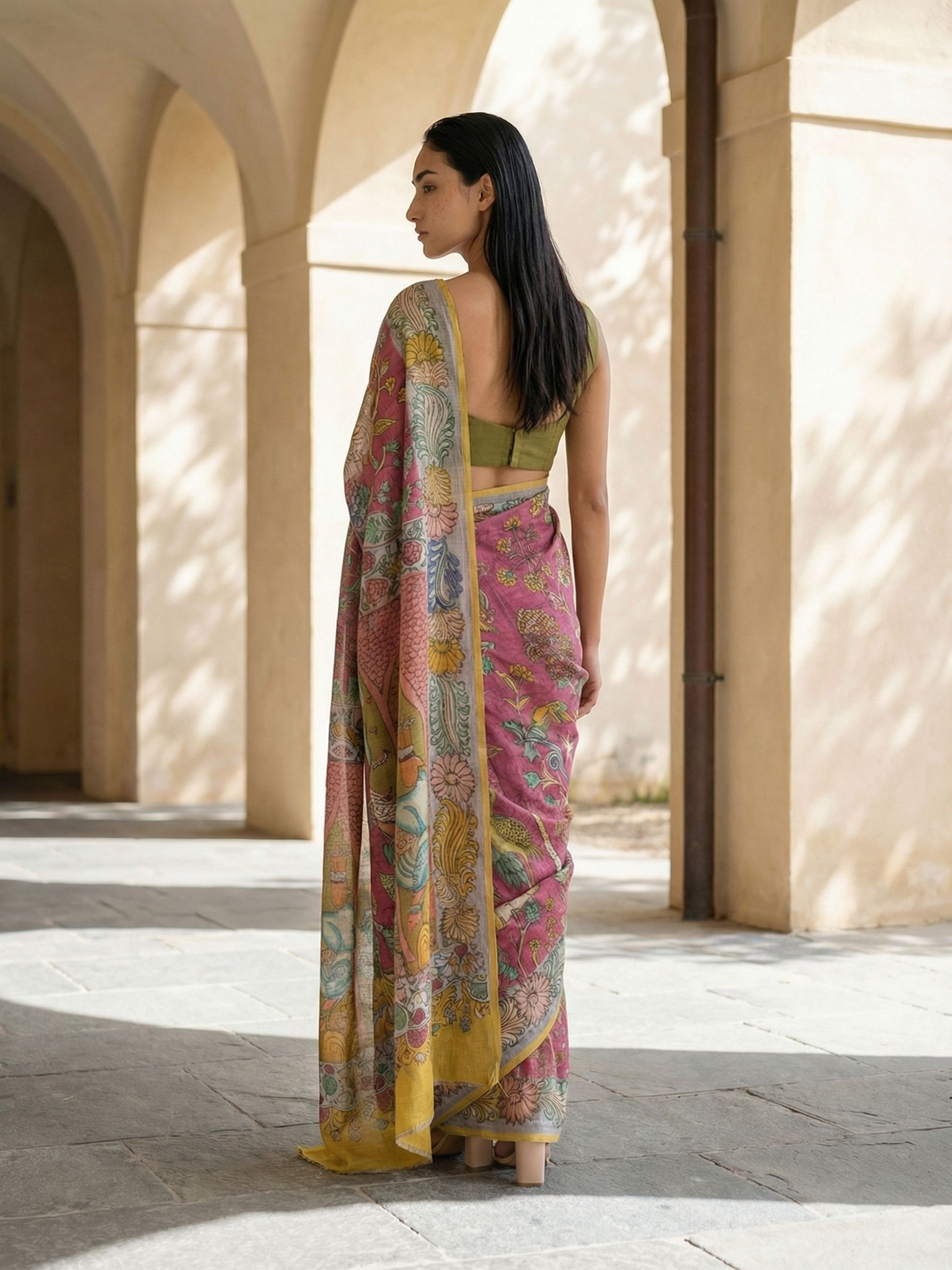 Red Kalamkari Saree on Banarasi Artsilk Fabric
