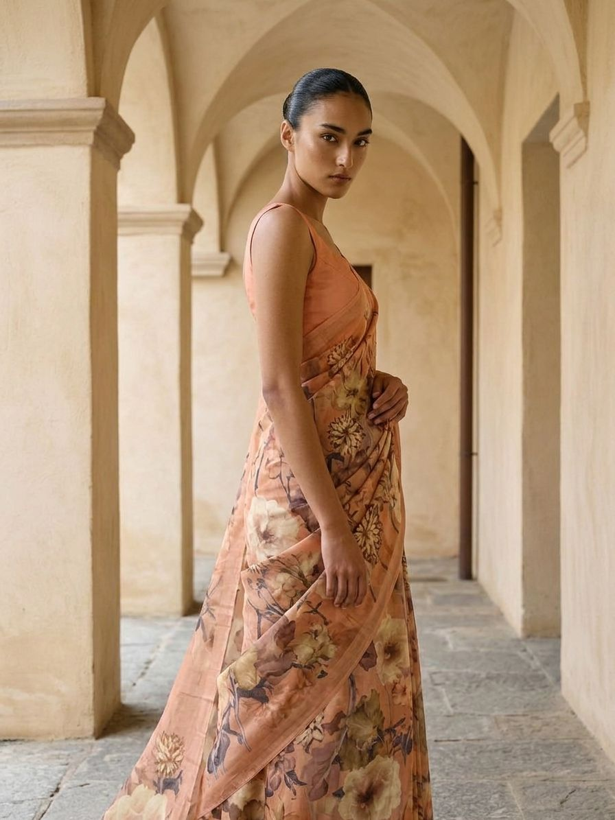 FLORAL DESIGN SAREE - Ivory Cream