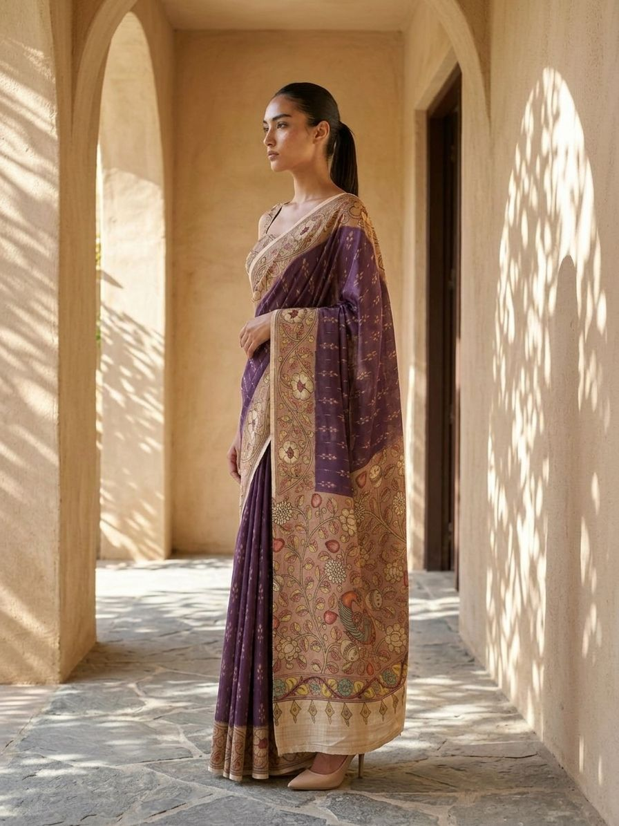 Purple Ikkat With Kalamkari Print On Raw Art Silk Fabric