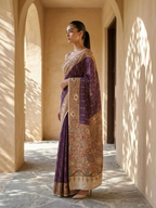 Purple Ikkat With Kalamkari Print On Raw Art Silk Fabric