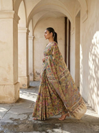 Mustard Yellow Lotus Kalamkari On Banarasi ArtSilk Fabric
