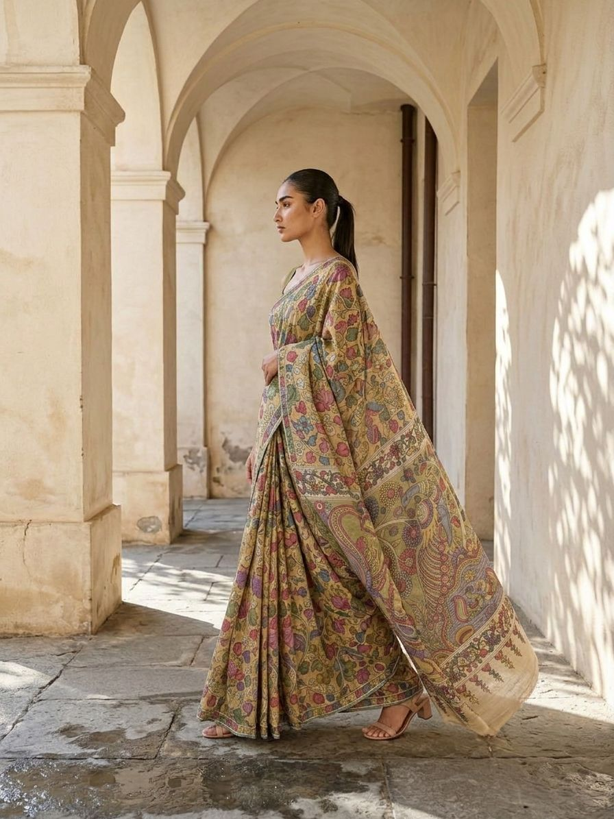 Mustard Yellow Lotus Kalamkari On Banarasi ArtSilk Fabric
