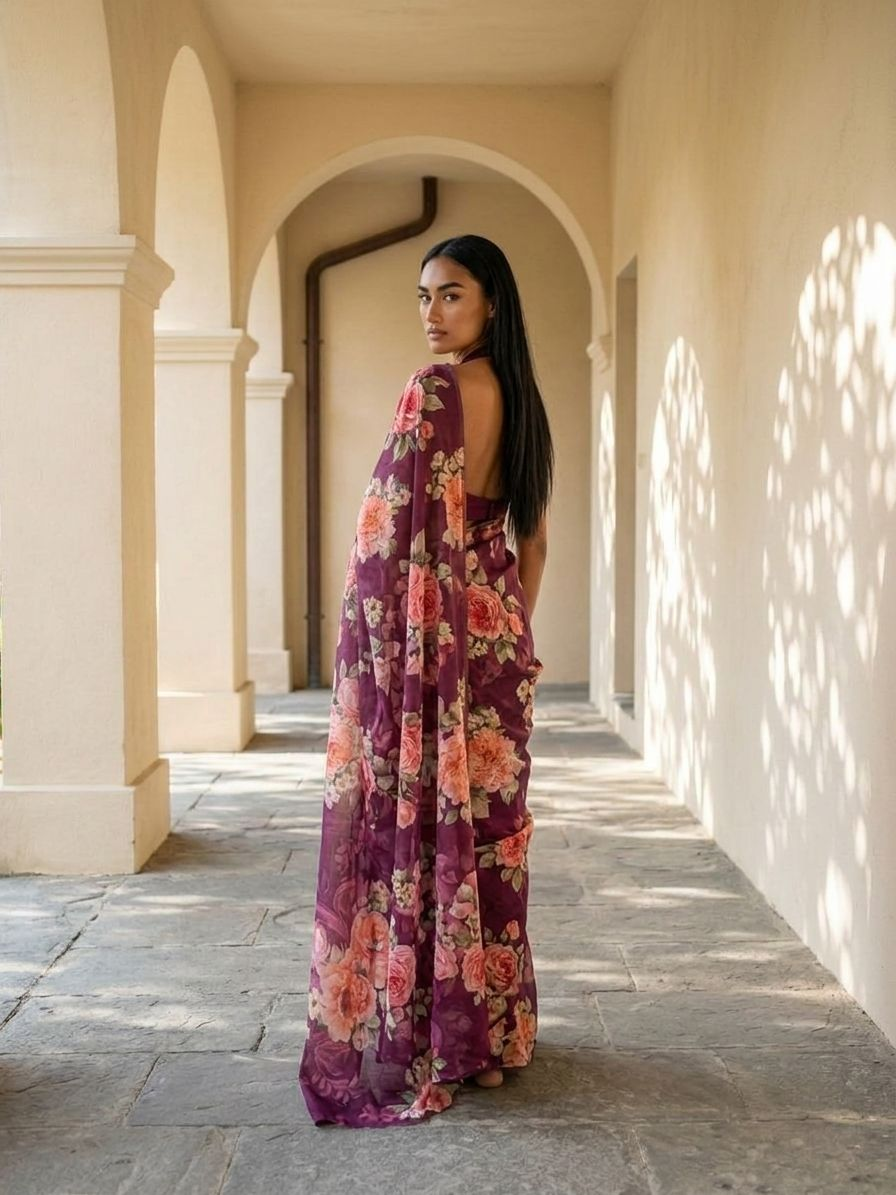 Maroon Color  Flora Tusser silk Saree