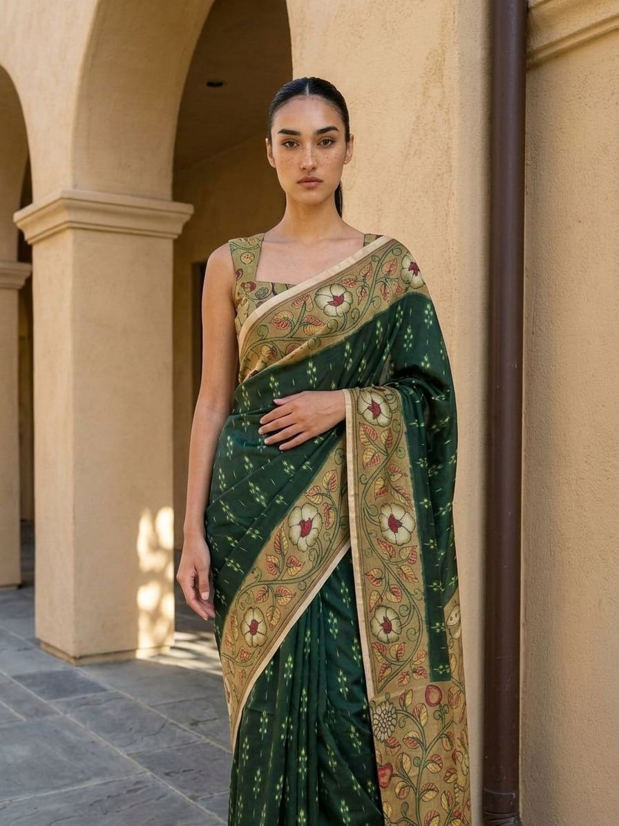 Deep Forest Green Ikkat With Kalamkari Print On Raw ArtSilk Fabric