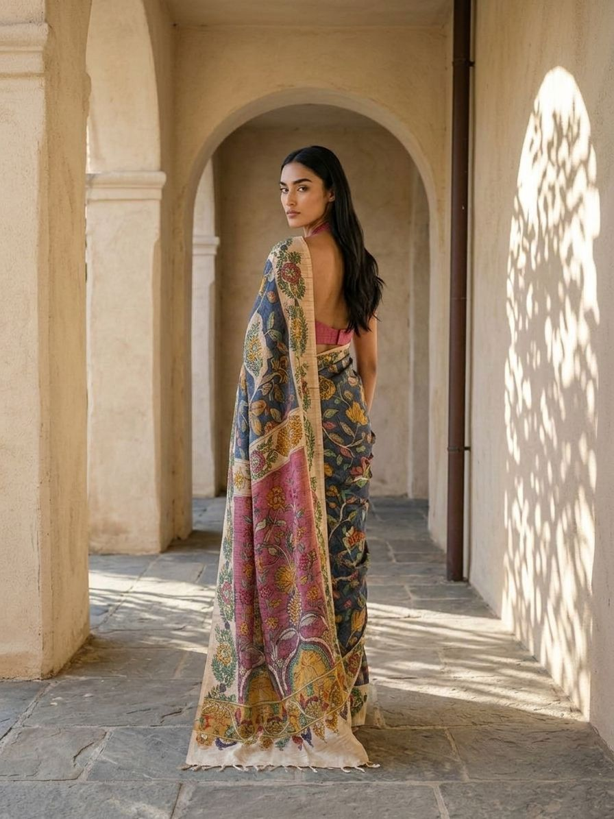 Deep Blue Color Kalamkari Print on Banarasi ArtSilk Saree
