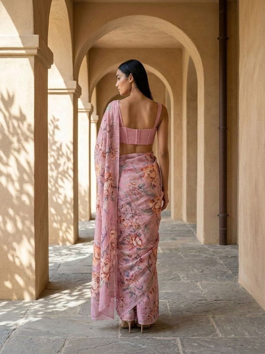 Gul Saree - Unique FLoral Design Digital Print On Tusser Silk