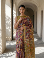 Maroon Lotus Kalamkari On Banarasi ArtSilk Fabric