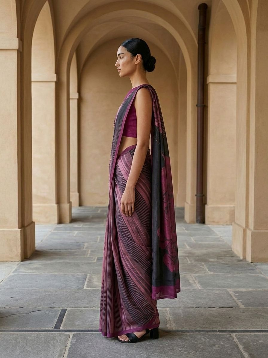 Maroon Color Leher Veil Saree In Geometric Design On Modal Satin  Fabric