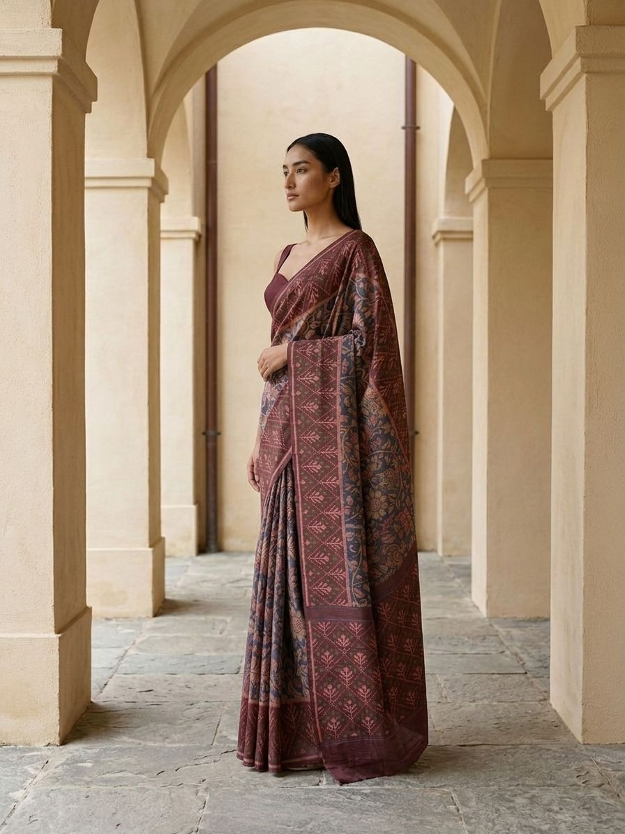 Indigo Blue Kalamkari print with Patola Border On Raw Artsilk Fabric