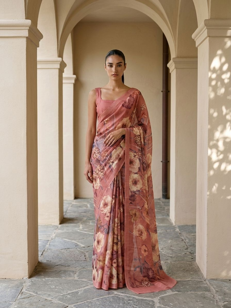 Dusty Rose Floral On Mulberry Silk Saree