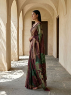 Maroon Color Abstract Digital Print Saree On Modal Satin