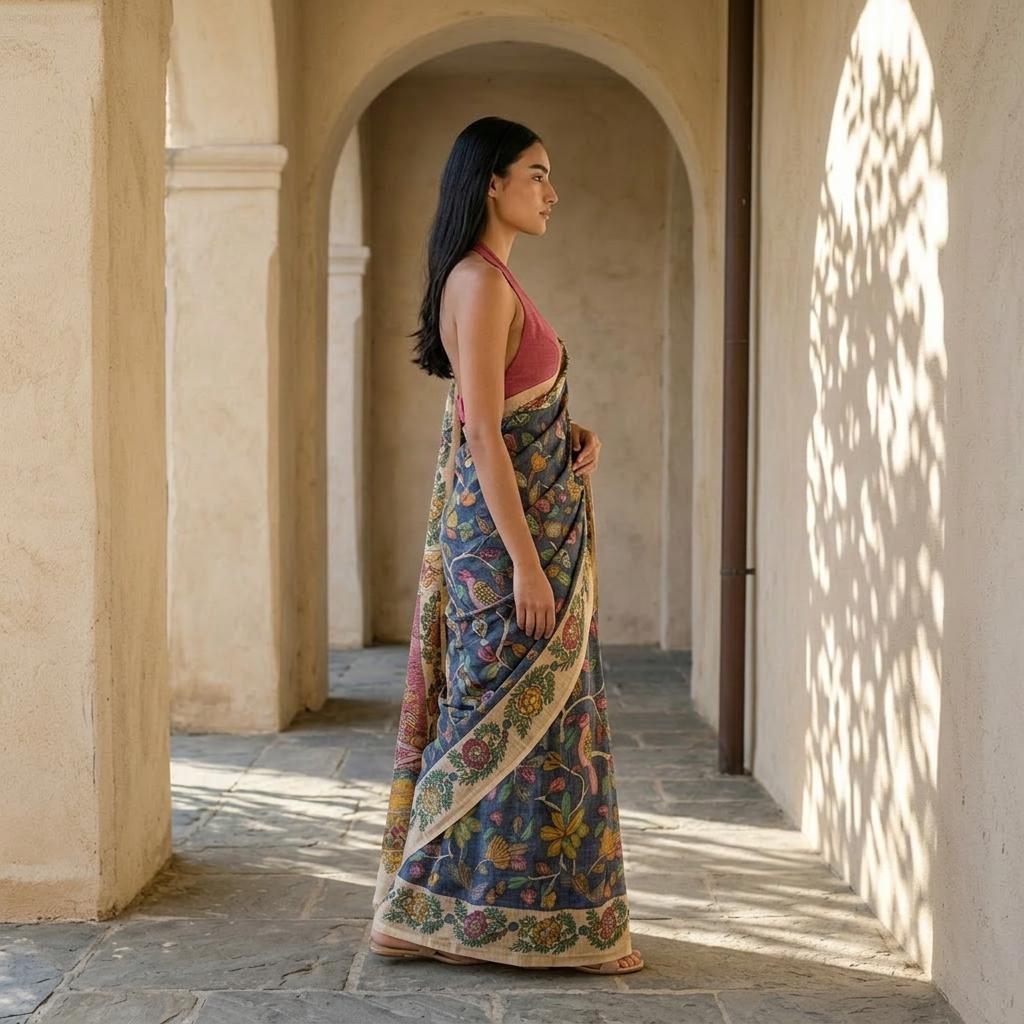 Deep Blue Color Kalamkari Print on Banarasi ArtSilk Saree